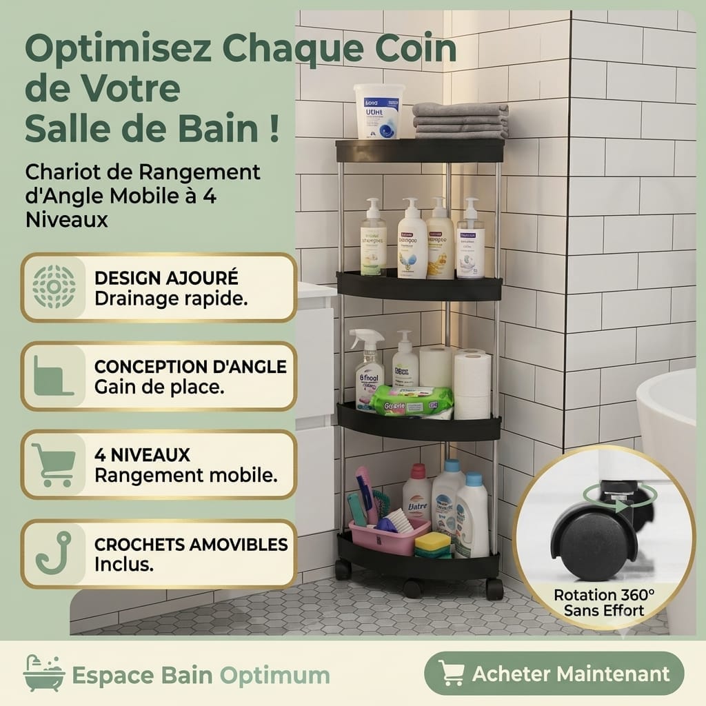 🚿 Etagère d’angle 4 niveaux avec roues rotatives