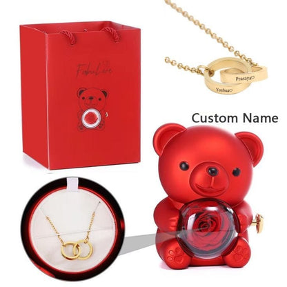 🧸Ourson à Rose Éternelle avec collier – Le Cadeau Ultime pour la Saint-Valentin