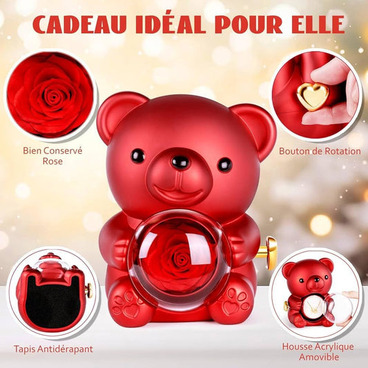 🧸Ourson à Rose Éternelle avec collier – Le Cadeau Ultime pour la Saint-Valentin