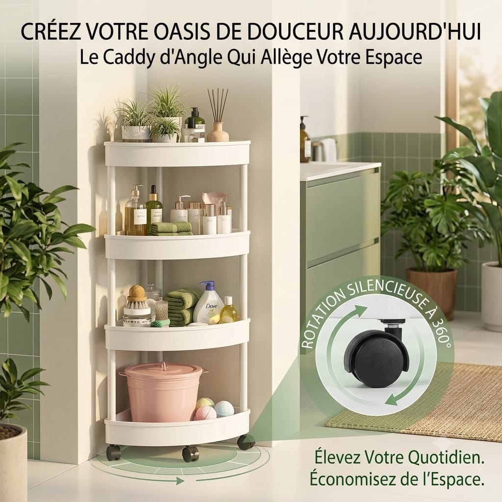 🚿 Etagère d’angle 4 niveaux avec roues rotatives