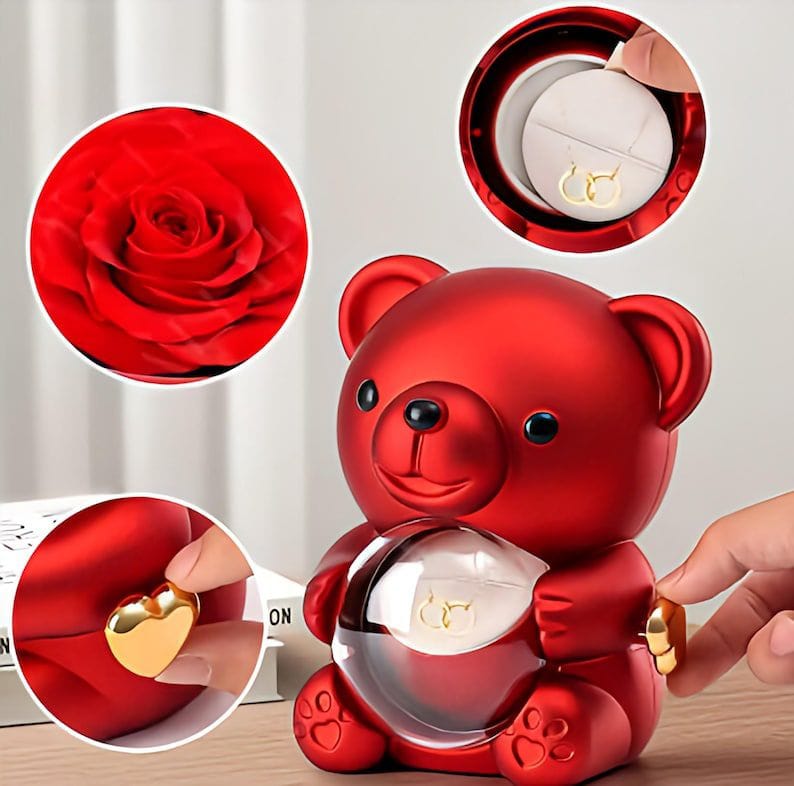 🧸Ourson à Rose Éternelle avec collier – Le Cadeau Ultime pour la Saint-Valentin