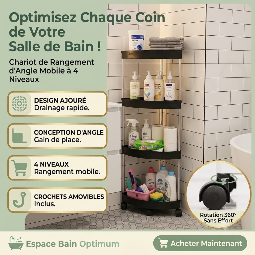 🚿 Etagère d’angle 4 niveaux avec roues rotatives