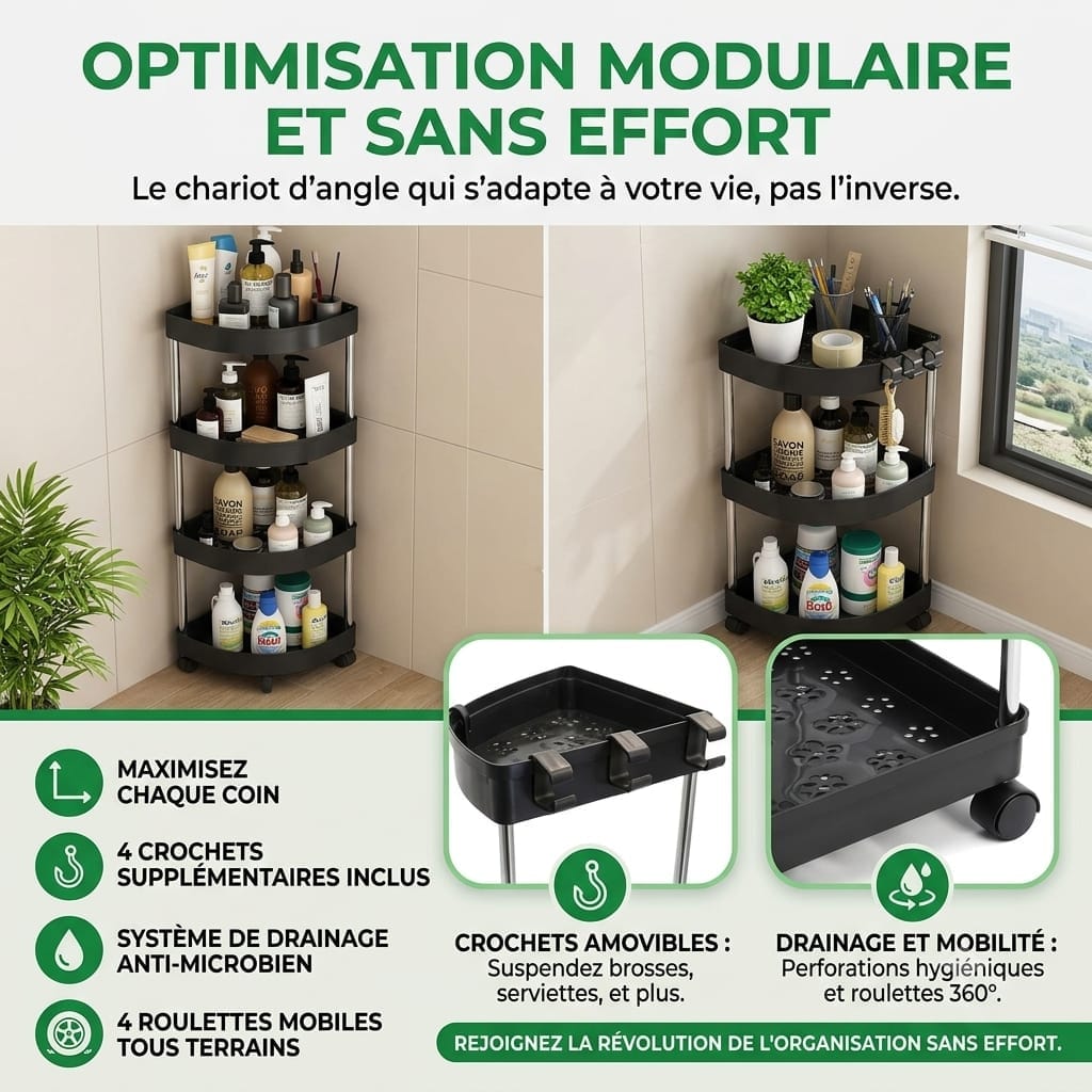 🚿 Etagère d’angle 4 niveaux avec roues rotatives