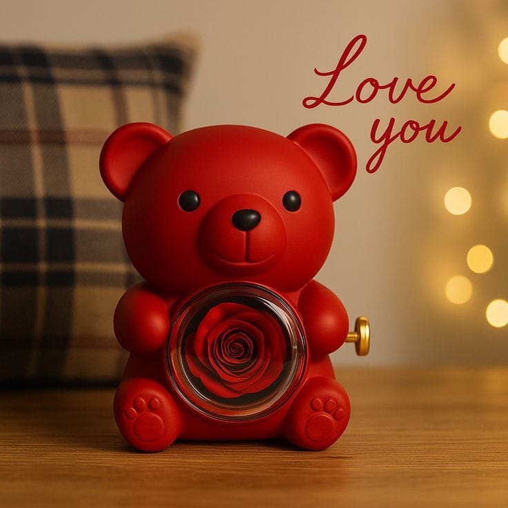 🧸Ourson à Rose Éternelle avec collier – Le Cadeau Ultime pour la Saint-Valentin