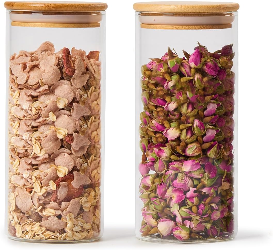 🏡Lot de 4 Bocaux en Verre avec Couvercle en Bambou (1,2L-950ml -750ml -550ml)
