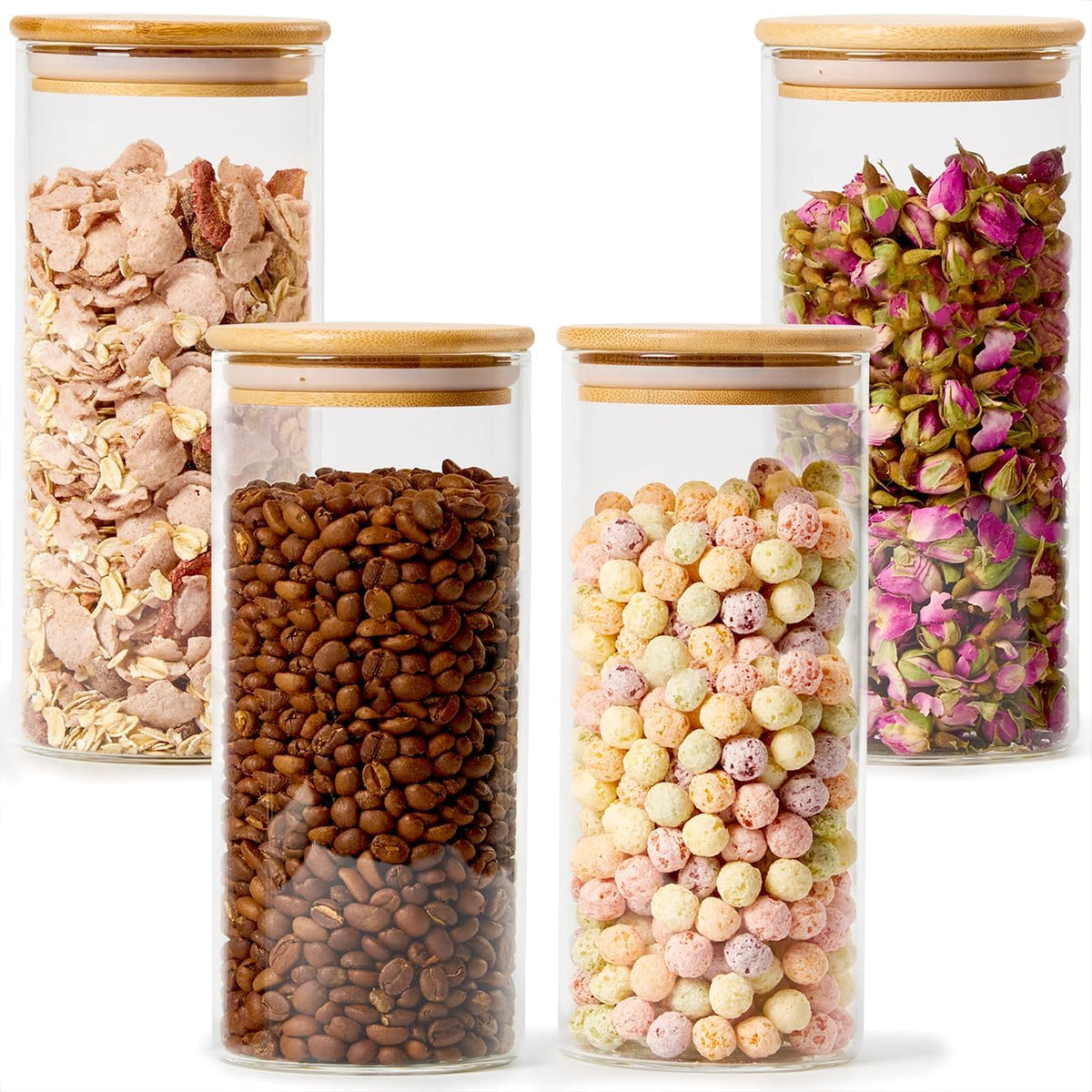 🏡Lot de 4 Bocaux en Verre avec Couvercle en Bambou (1,2L-950ml -750ml -550ml)