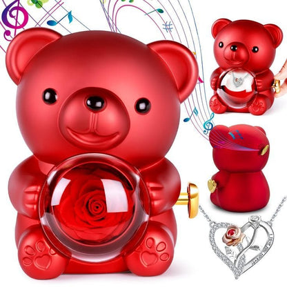 🧸Ourson à Rose Éternelle avec collier – Le Cadeau Ultime pour la Saint-Valentin